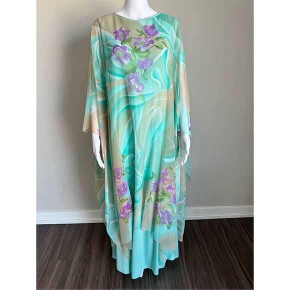 VTG 1970’s Floral Printed Chiffon Maxi Kaftan Dress - Picture 1 of 11